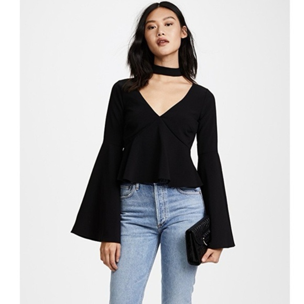 Likely Haley Bell Sleeve Choker Blouse in Peplum  Black Top